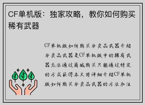 CF单机版：独家攻略，教你如何购买稀有武器